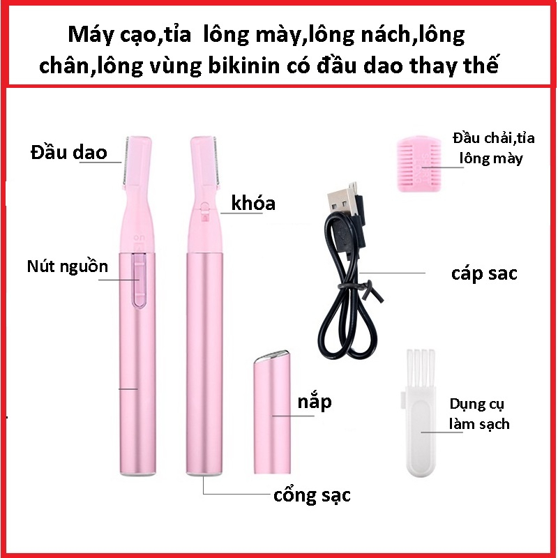 Máy cạo tỉa lông mày,lông nách,lông vùng bikini sạc usb có đầu dao thay thế