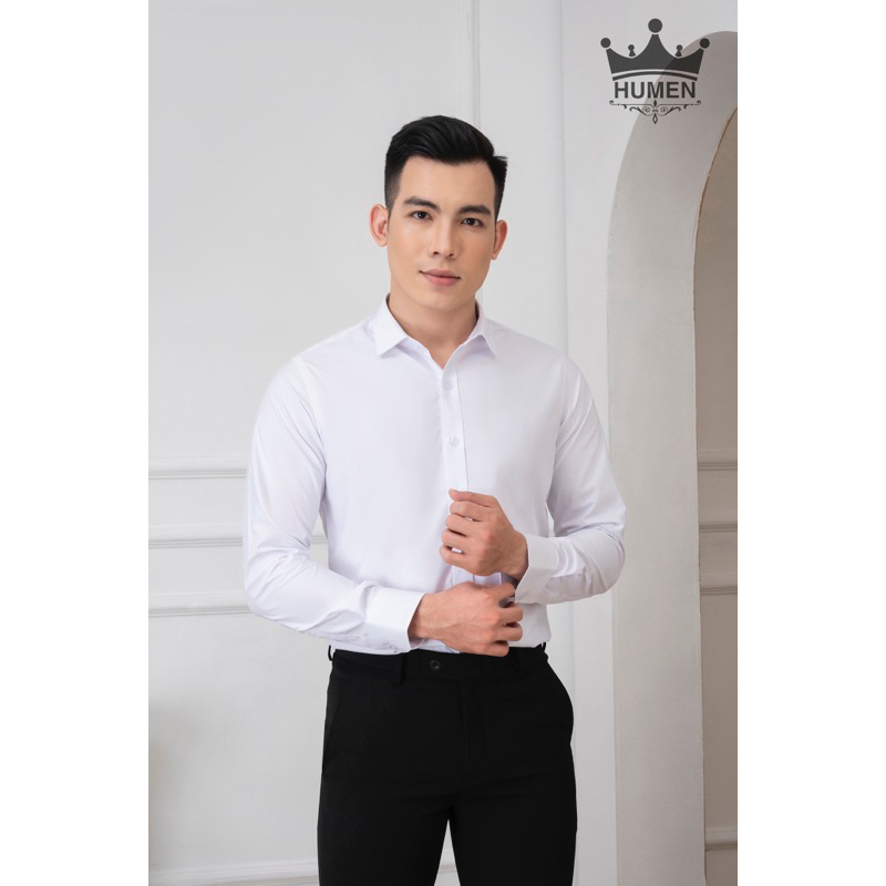 Áo sơ mi nam Humen dài tay chất liệu lụa cao cấp mềm mại thoáng khí không nhàu chống nhăn màu trắng chuẩn form slim | BigBuy360 - bigbuy360.vn