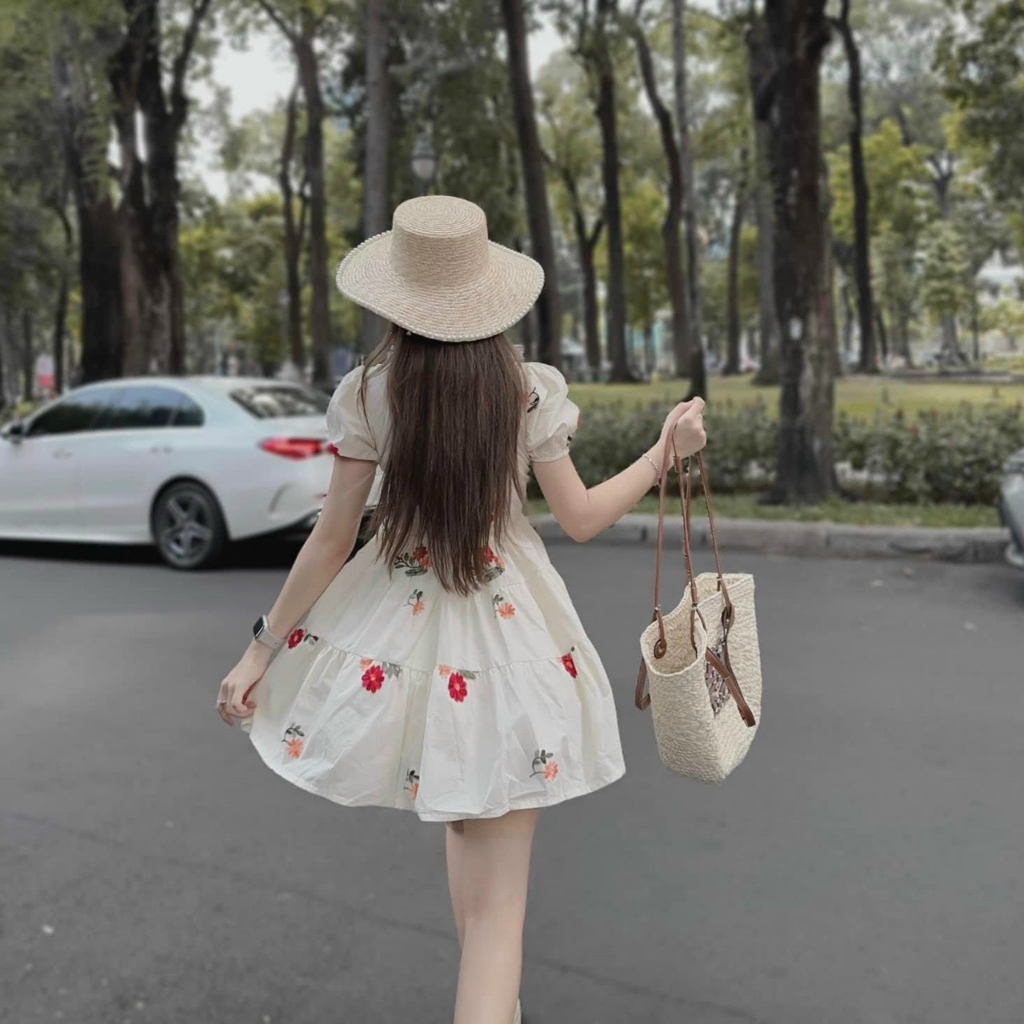 Đầm váy xốp hoa tay bồng cổ sơ mi dáng xoè dễ thương Ht082