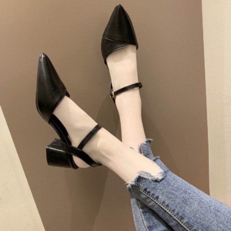 Giày sandal bít mũi xéo gót vuông công sở 6p GBMX
