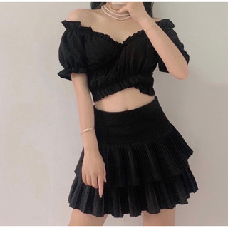 Áo croptop trễ vai chất voan phối dây cột nơ eo