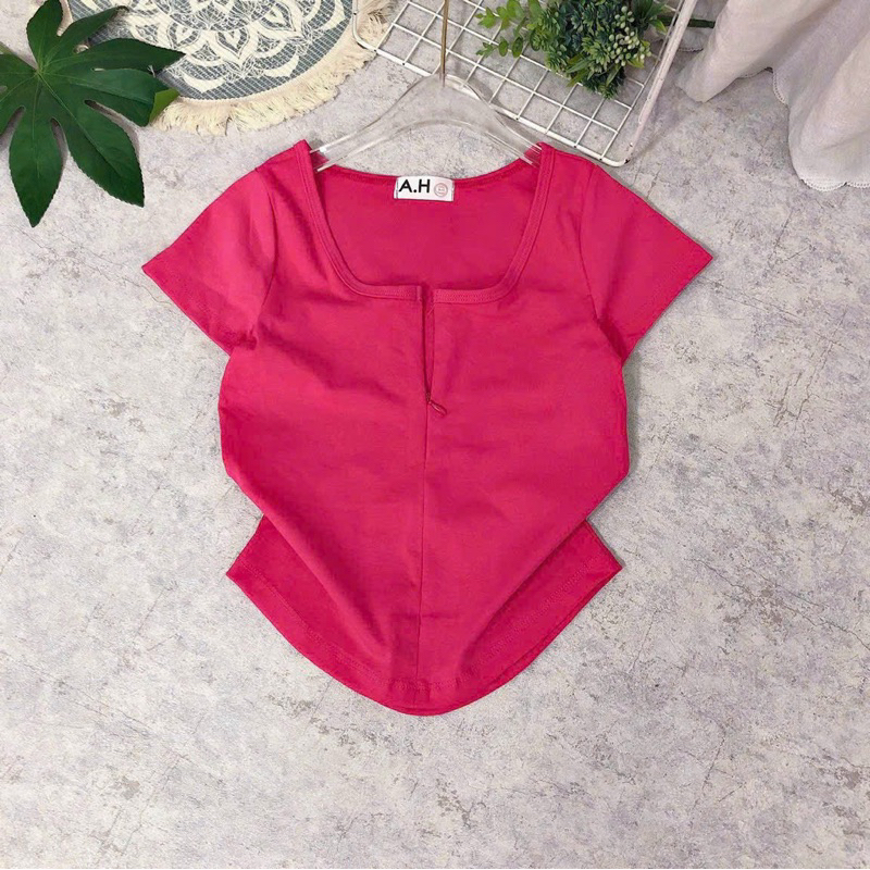 Áo thun body tay ngắn cổ vuông khoá kéo fom lửng