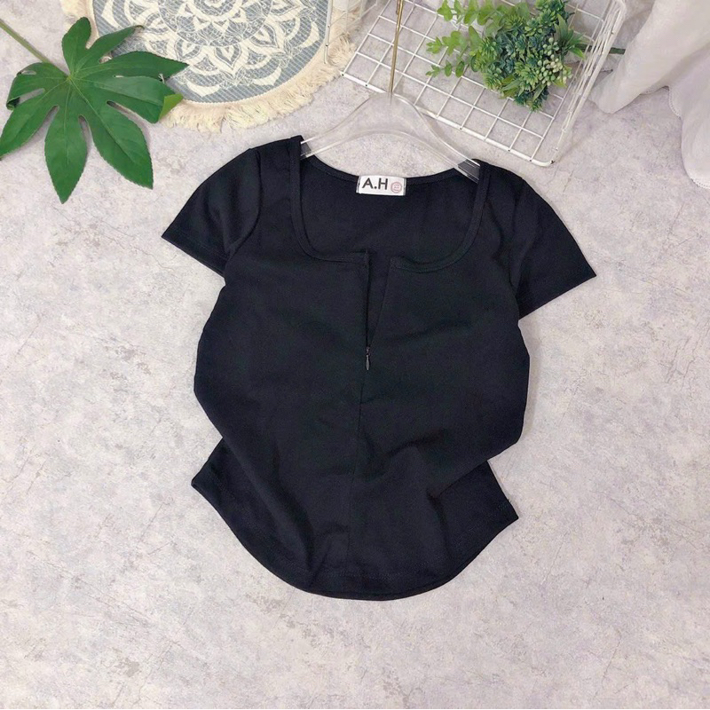 Áo thun body tay ngắn cổ vuông khoá kéo fom lửng