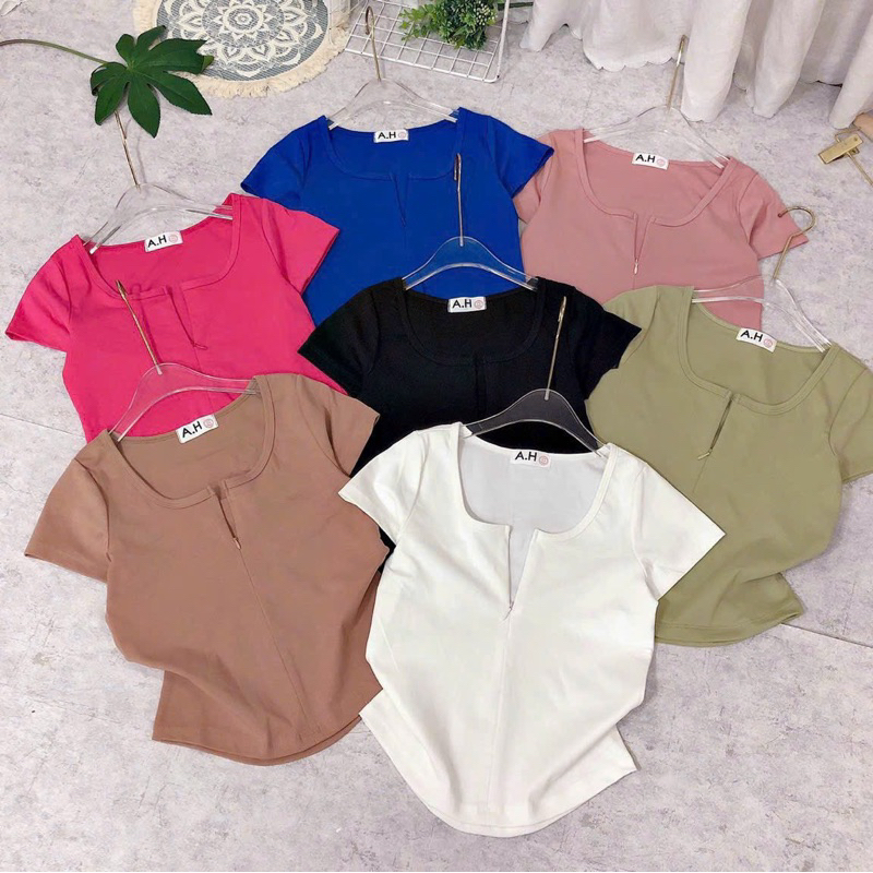 Áo thun body tay ngắn cổ vuông khoá kéo fom lửng