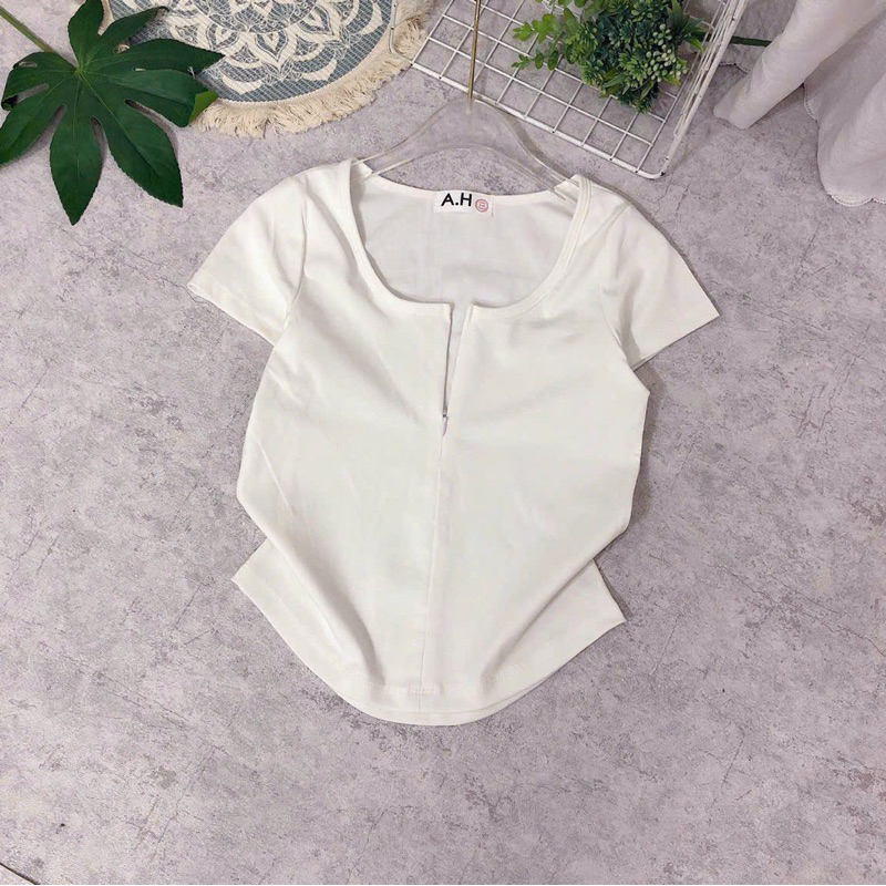 Áo thun body tay ngắn cổ vuông khoá kéo fom lửng