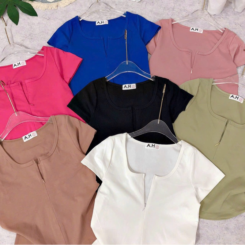 Áo thun body tay ngắn cổ vuông khoá kéo fom lửng