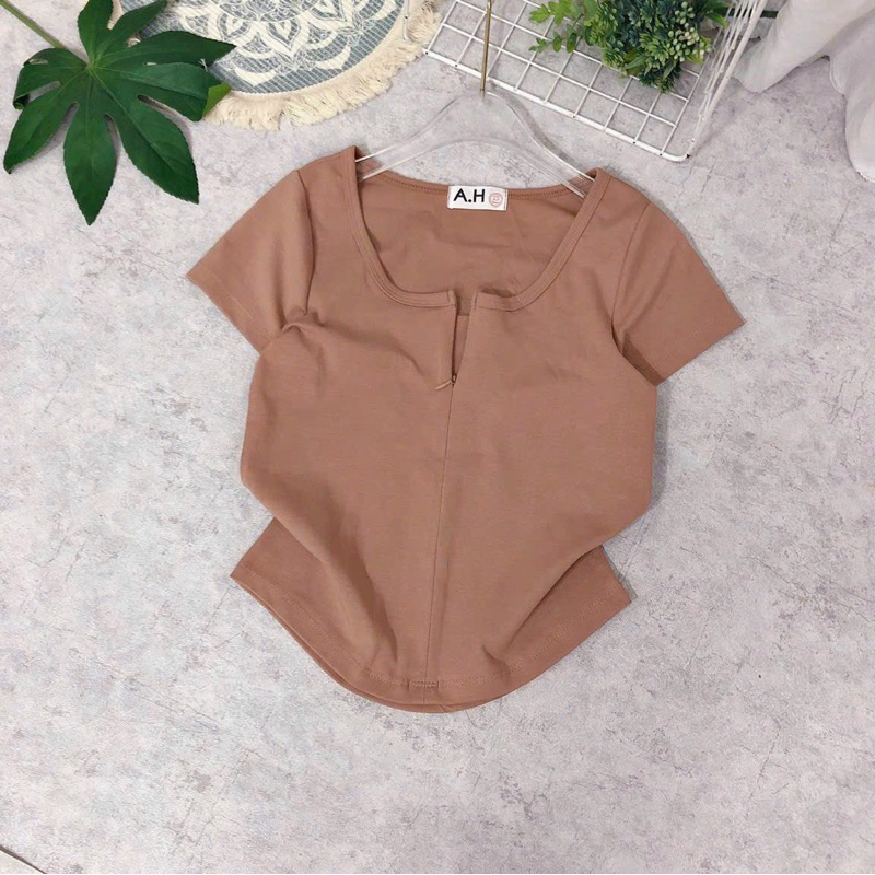 Áo thun body tay ngắn cổ vuông khoá kéo fom lửng