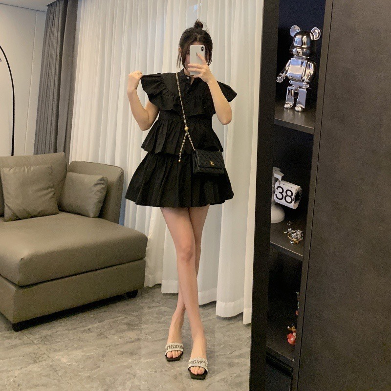 Váy Babydoll Cổ Tàu Bèo Tầng Sang Chảnh, Đầm Babydoll Dáng Xoè Chất Thô Đũi