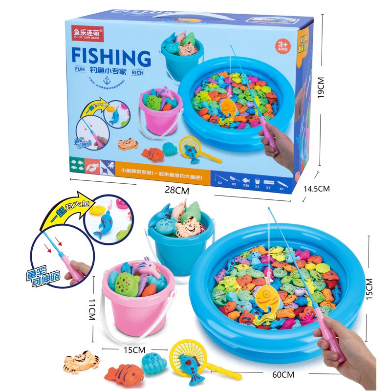 Bộ đồ chơi câu cá gồm phao, cần câu, cá, xô - chậu đầy đủ
