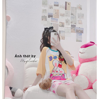 Set áo thun hình thỏ dễ thương phối quần ngố hoạ tiết ( ảnh thật + video )