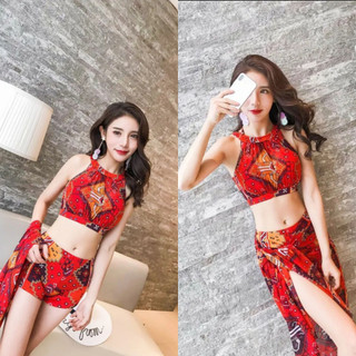 Bộ bikini tắm biển 3 món, bộ bơi họa tiết nổi bật áo đệm ngực quần lưng cao và khăn voan ngoài tinh tế