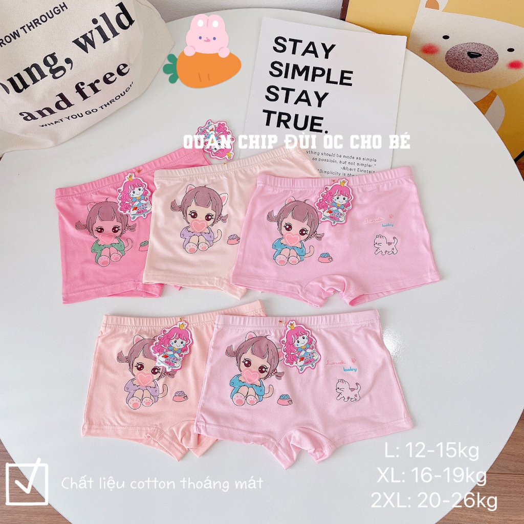 Quần Chip Đùi/Quần Lót Bé Gái Họa Tiết Dễ Thương Chất Cotton Kháng Khuẩn, Mềm Mịn Dành Cho Bé 12-26kg