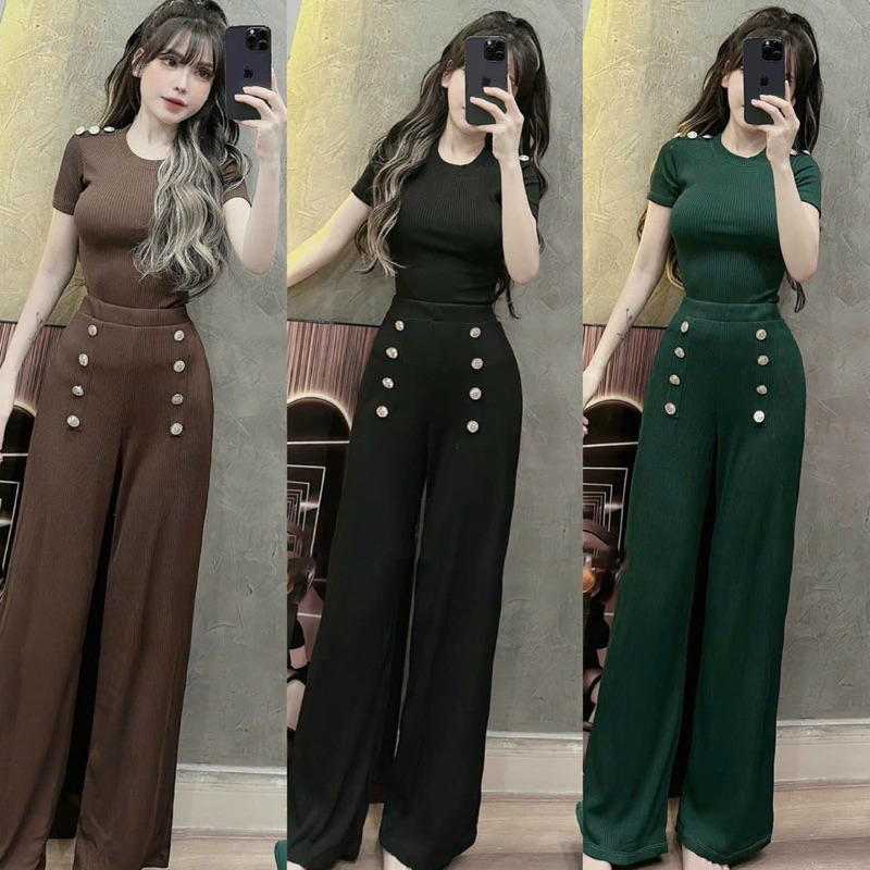 SET BỘ THUN GÂN ÁO TAY NGẮN + QUẦN DÀI ĐÓNG NÚT DỌC ỐNG XUÔNG