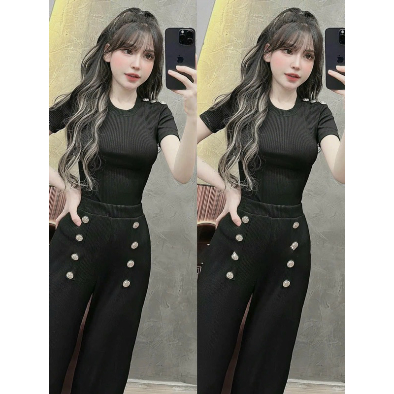 SET BỘ THUN GÂN ÁO TAY NGẮN + QUẦN DÀI ĐÓNG NÚT DỌC ỐNG XUÔNG