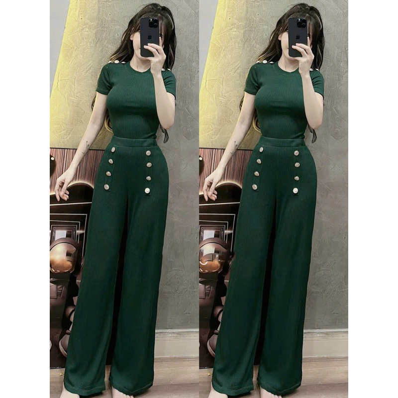 SET BỘ THUN GÂN ÁO TAY NGẮN + QUẦN DÀI ĐÓNG NÚT DỌC ỐNG XUÔNG