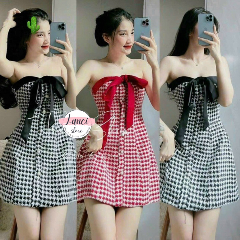 Váy đầm nữ chất caro bố cúp ngực cài nút phối nơ lụa xinh xắn