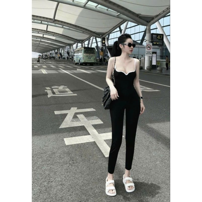 Jump Hai Dây Viền Trắng Cổ V Liền Quần Dài Ôm Body Sexy - Tiểu Thư Bánh Bèo Cute Sang Chảnh Hot Trend Dạo Phố Xinh Xắn