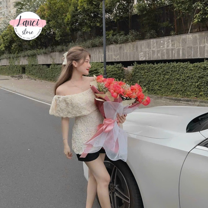 Sét bộ áo xốp hoa gân trễ vai cúp ngực ( có mút ngực ) mix quần cotton lạnh tôn dáng xinh xắn đi chơi, đi biển