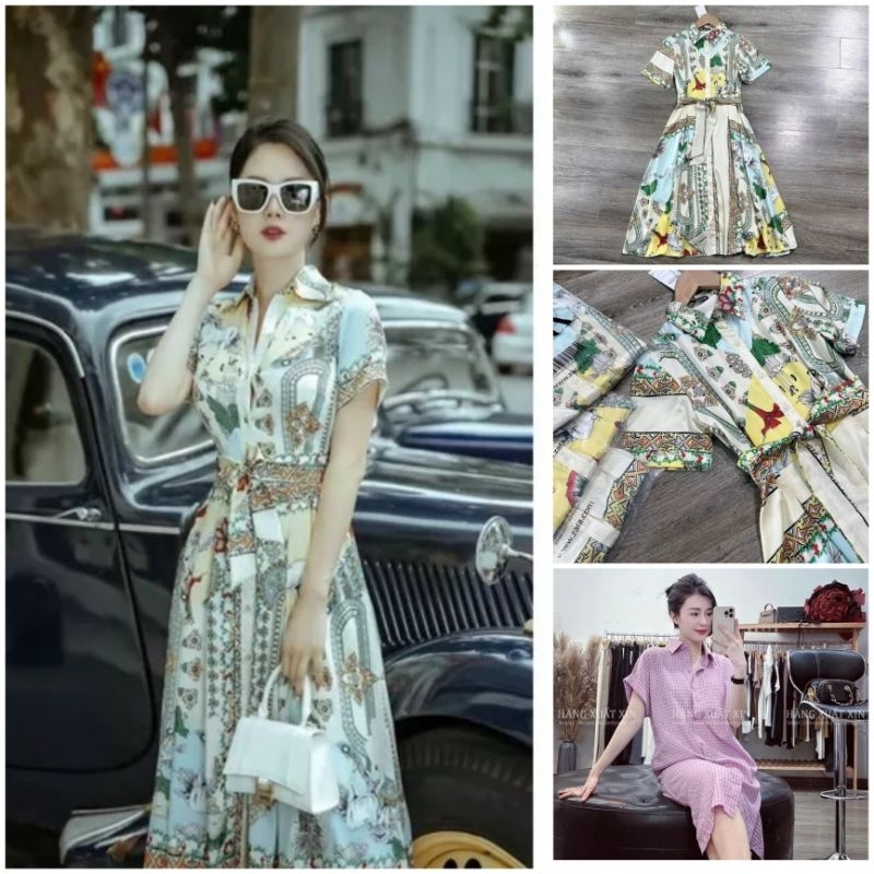 Váy midi Gu caro tím vải đẹp mềm mát - Váy dáng suông midi kèm đai cổ sơ mi