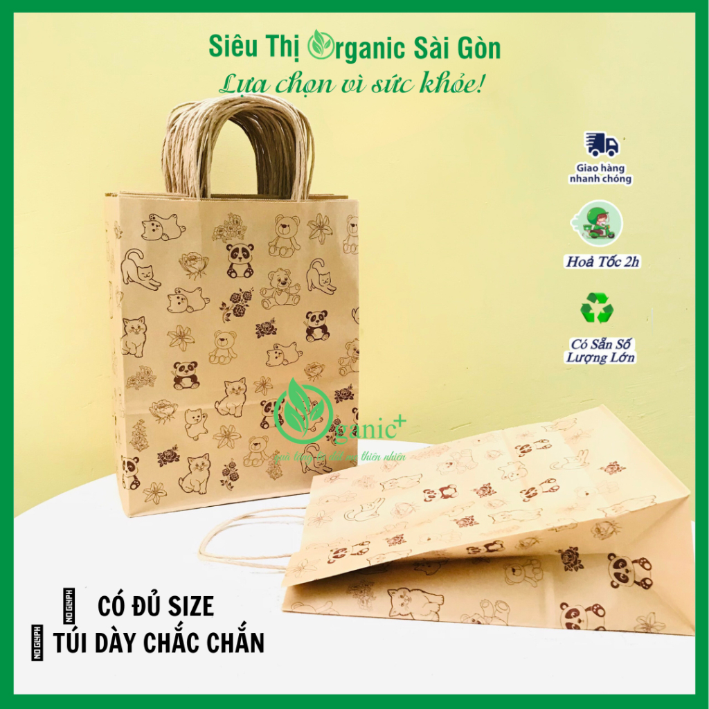 (10 túi) Túi kraft họa tiết gấu nhiều size, túi giấy có hình dễ thương đựng quà tặng