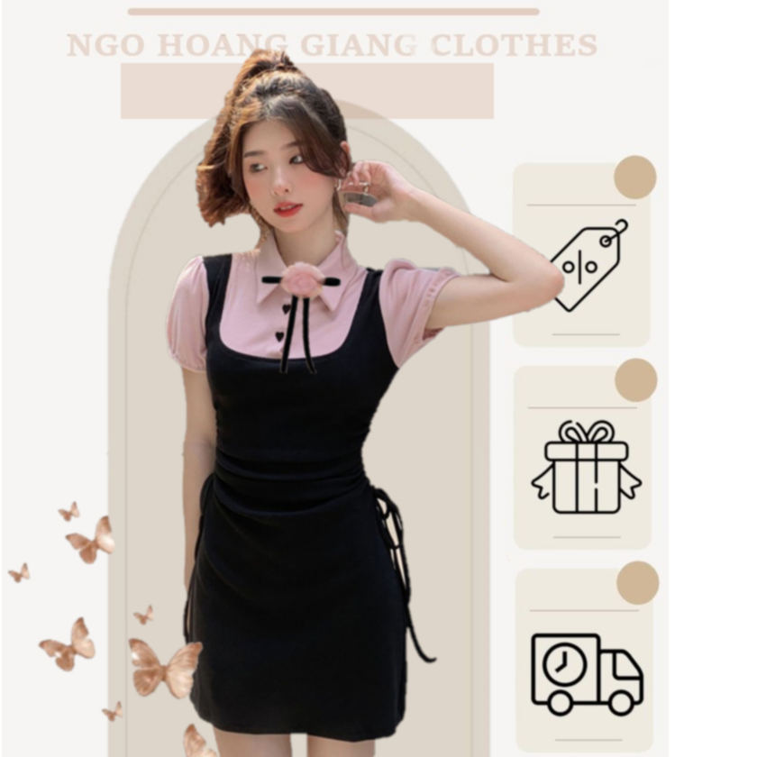 🌸 SIÊU SALE 7/7 🌸 Váy polo cổ sơmi hồng thun cotton co giãn giả 2 lớp phối gile đen cúc trái tim dây rút 2 bên hông