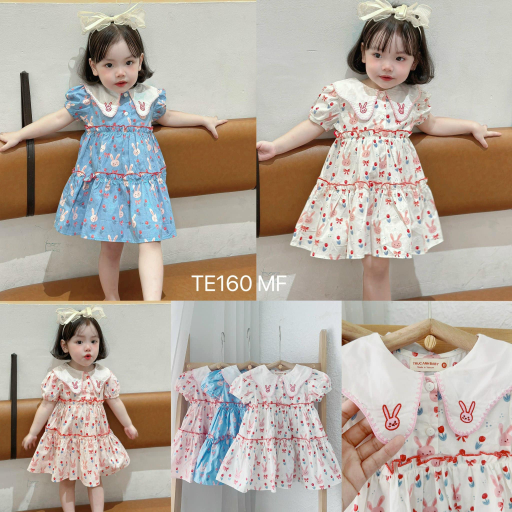 Đầm công chúa tay ngắn cổ bẻ thêu hình thỏ thời trang 2023 mới cho bé gái size 8-18kg