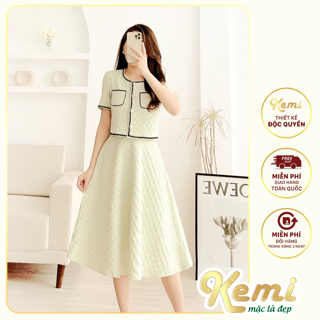 Váy áo màu kem viền đen, đầm nữ dáng xòe công chúa Kemi