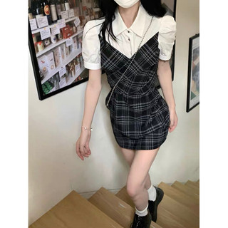 🍓 Ảnh thật manocanh 🍓   Váy liền áo sơmi phối kẻ ca ro buộc nơ sau lưng đen chấm gạch cá tính tôn dáng BABY SIMI DRESS H