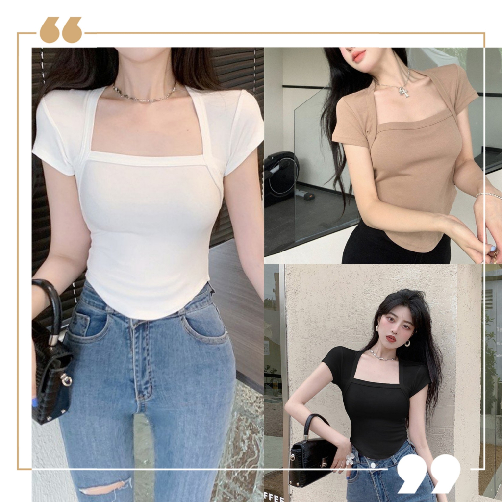 Áo thun nữ tay ngắn cổ vuông vạt bầu vải borip thái co dãn thoải mái, áo thun kiểu nữ bigsize 58-90kg tôn eo gọn dáng