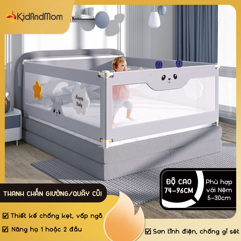 Thanh chắn giường KidAndMom BR23 cao cấp kiêm quây cũi tạo không gian chơi cho bé nâng hạ 1 phía độ cao 74-96cm