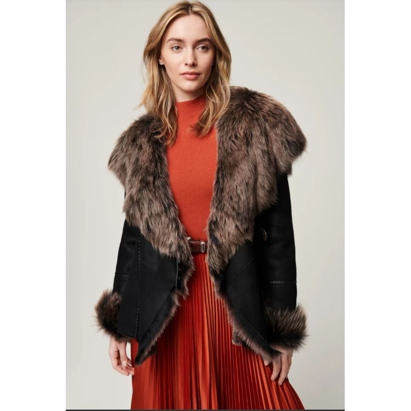 Áo khoác biker lông mùa đông VNXK áo choàng lông siêu dày phối da lộn black fur waist coat xuất khẩu dư xịn