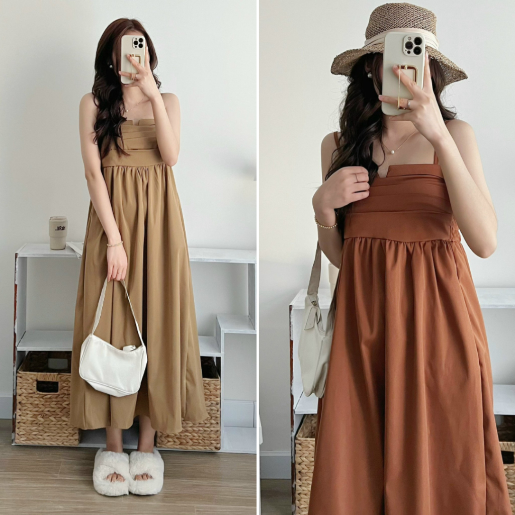 Váy 2 dây xếp ly ngực, đầm suông dài kiểu dáng basic màu sắc nhã nhặn diện được nhiều nơi