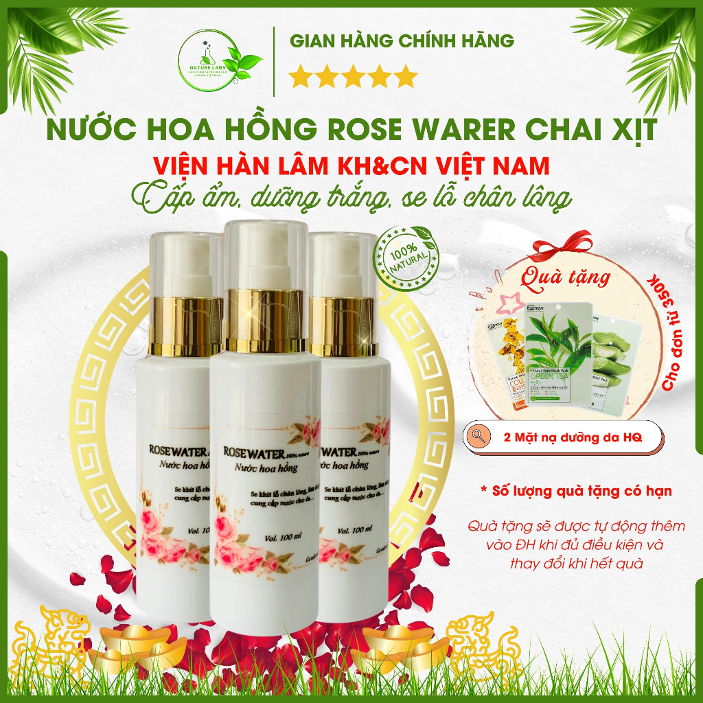 Nước hoa hồng Rose Water, toner trắng da se khít lỗ chân lông toner dùng được cho da dầu mụn Nature Labs, Chai 100ml