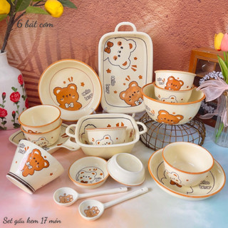 Bộ bát đĩa sứ decor, Chén dĩa dễ thương, Sét bát dĩa gấu kem cao cấp siêu đẹp cho bé 18 món