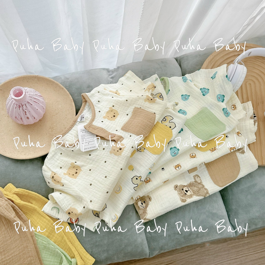Bộ xô Muslin cho bé trai, Mẫu xô Muslin mặc hè cho bé, Bộ Muslin cộc tay họa tiết đáng yêu, thấm hút mồ hôi tốt