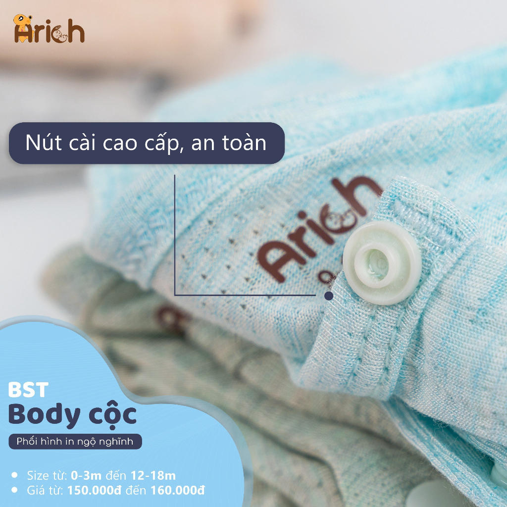 Body cộc vải sợi tre phối hình in Arich đáng yêu cho bé từ New born - 18M