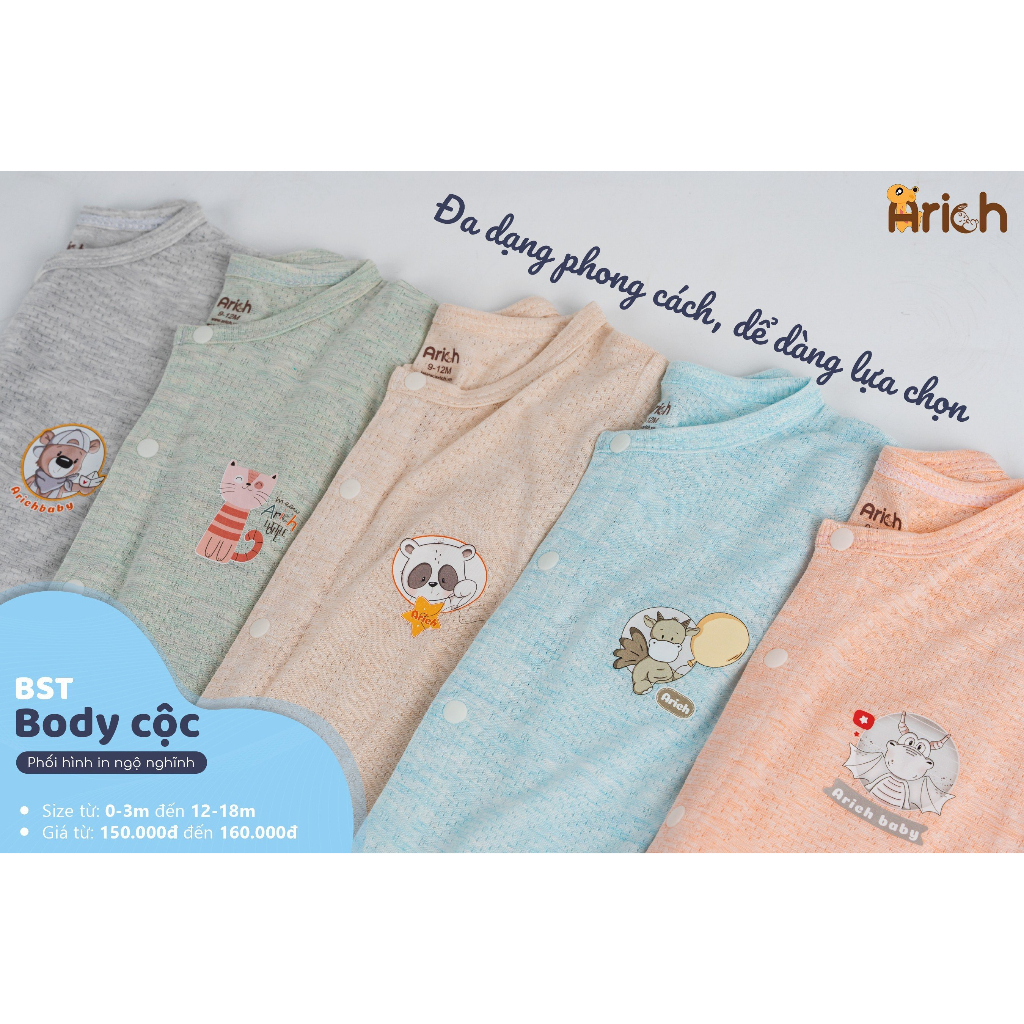 Body cộc vải sợi tre phối hình in Arich đáng yêu cho bé từ New born - 18M