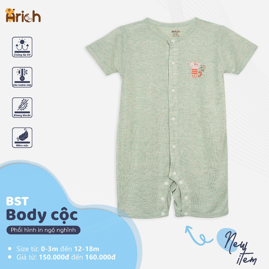 Body cộc vải sợi tre phối hình in Arich đáng yêu cho bé từ New born - 18M