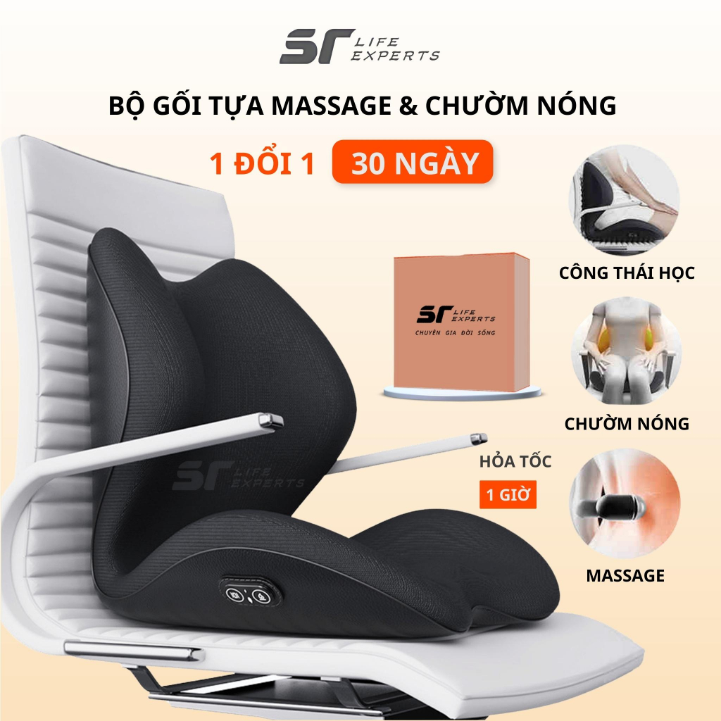 Bộ Gối Lót Mông Và Tựa Lưng Massage Chườm Nóng Cao Su Non Văn Phòng Ô Tô, Đệm Lưng Chống Gù, Giảm Đau Cột Sống - Sairui