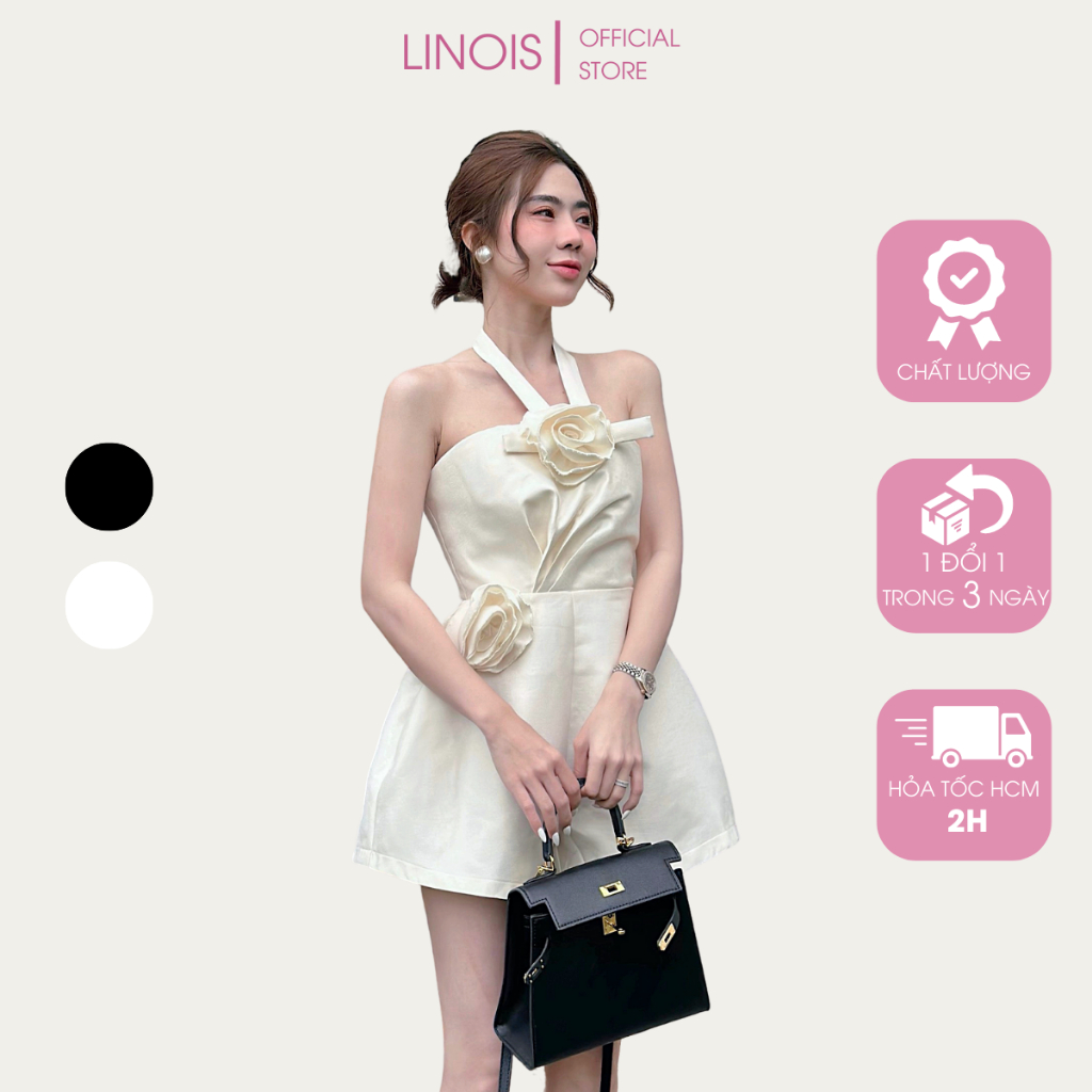 Jumpsuit Dự Tiệc Dáng Ngắn Áo Liền Quần Ngực Đắp Chéo Cổ Yếm Hoa Ngực Eo - Vải Tafta - 2 Màu Trắng, Đen LINOIS