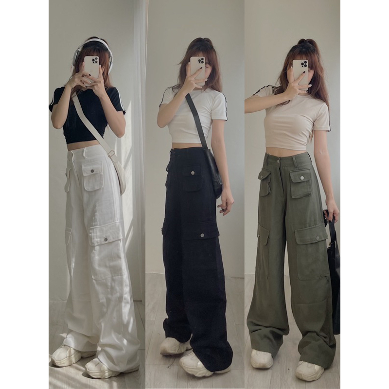 Quần kaki nữ, Quần kaki túi hộp ống rộng lưng cao form trơn unisex cá tính thời trang Hàn Quốc