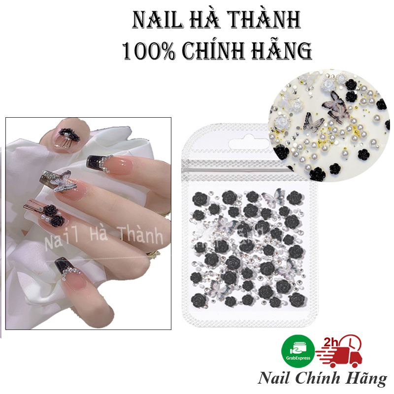 Set charm hoa hồng đen trắng 5in1 trang trí móng hot trend