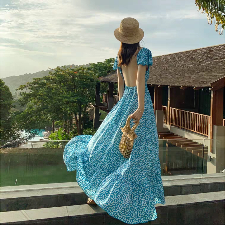 Váy maxi xanh hoa nhí lanh lụa hở lưng