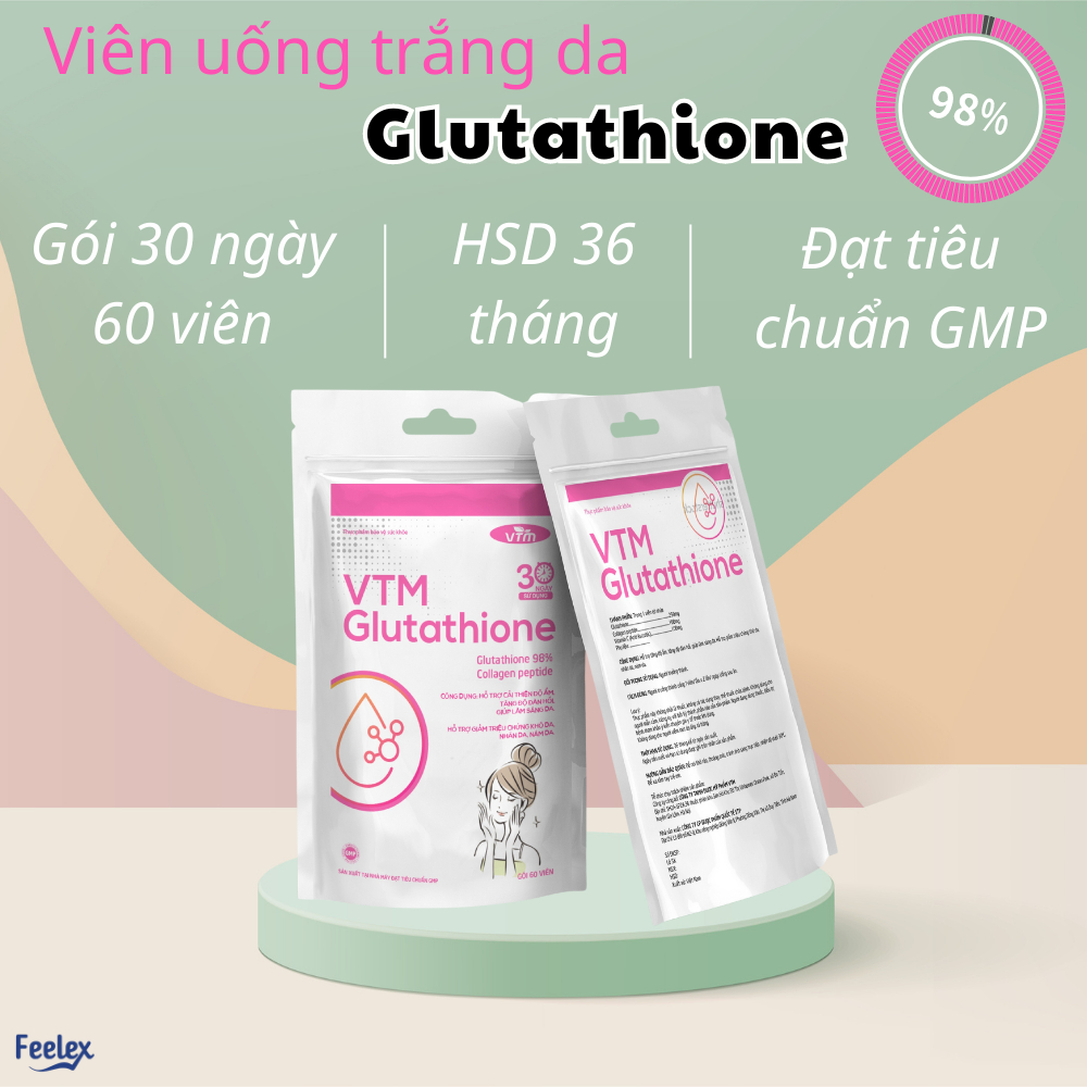Viên uống VTM Glutathione làm sáng da, giảm triệu chứng khô da, nhăn da, nám da, tăng độ ẩm cho da - Gói 60v
