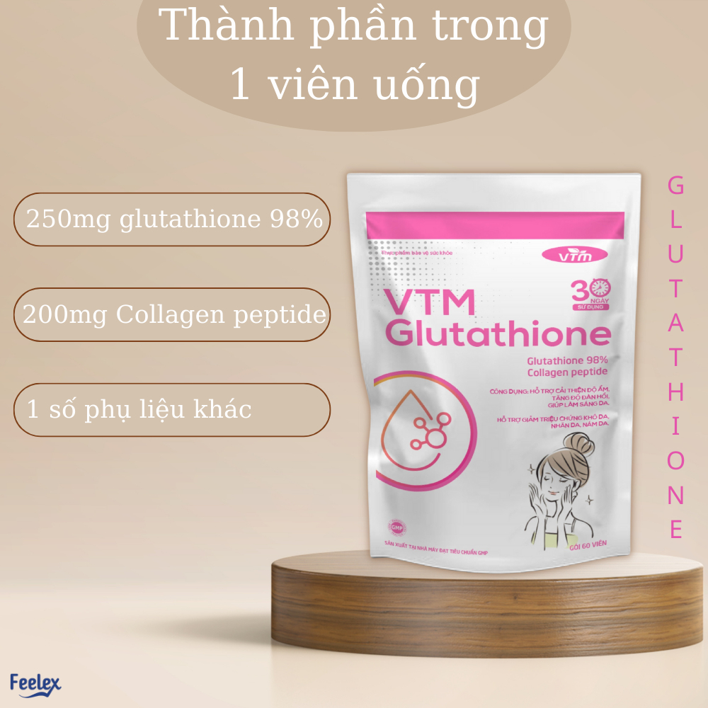 Viên uống VTM Glutathione làm sáng da, giảm triệu chứng khô da, nhăn da, nám da, tăng độ ẩm cho da - Gói 60v