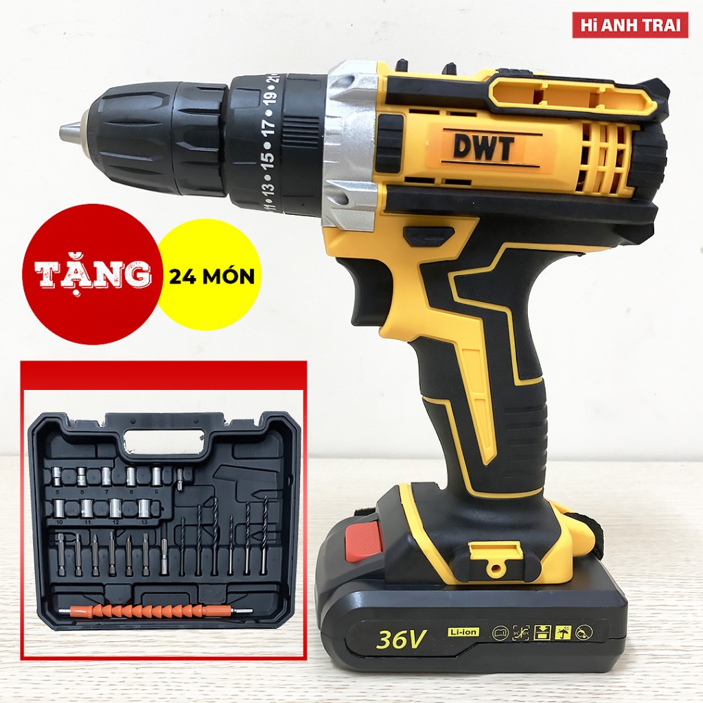 Máy Khoan Pin Cầm Tay DWT 36V - Lõi Đồng Có Búa Khoan tường - Bắt Vít Tiện Lợi - Pin C