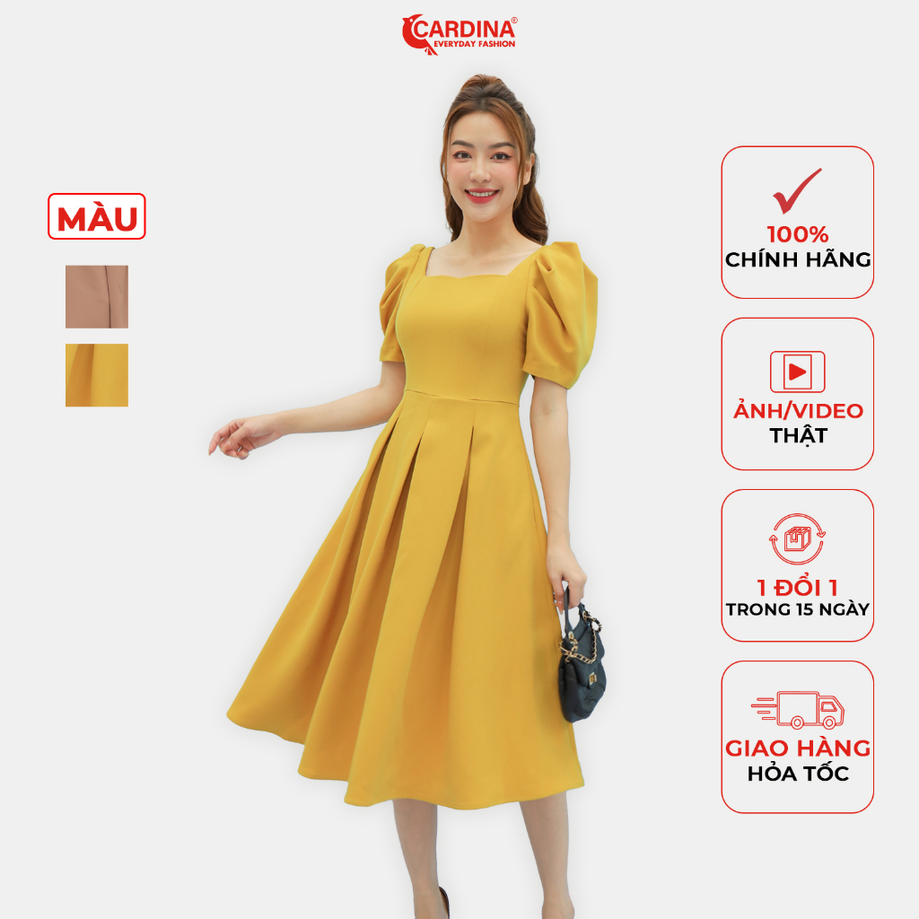 Đầm Nữ 𝐂𝐀𝐑𝐃𝐈𝐍𝐀 Chất Tuyết Mưa Cao Cấp Xếp Ly Dáng Xòe Chữ A Cổ Vuông Tay Bồng Tôn Dáng Sang Trọng 2VTM03