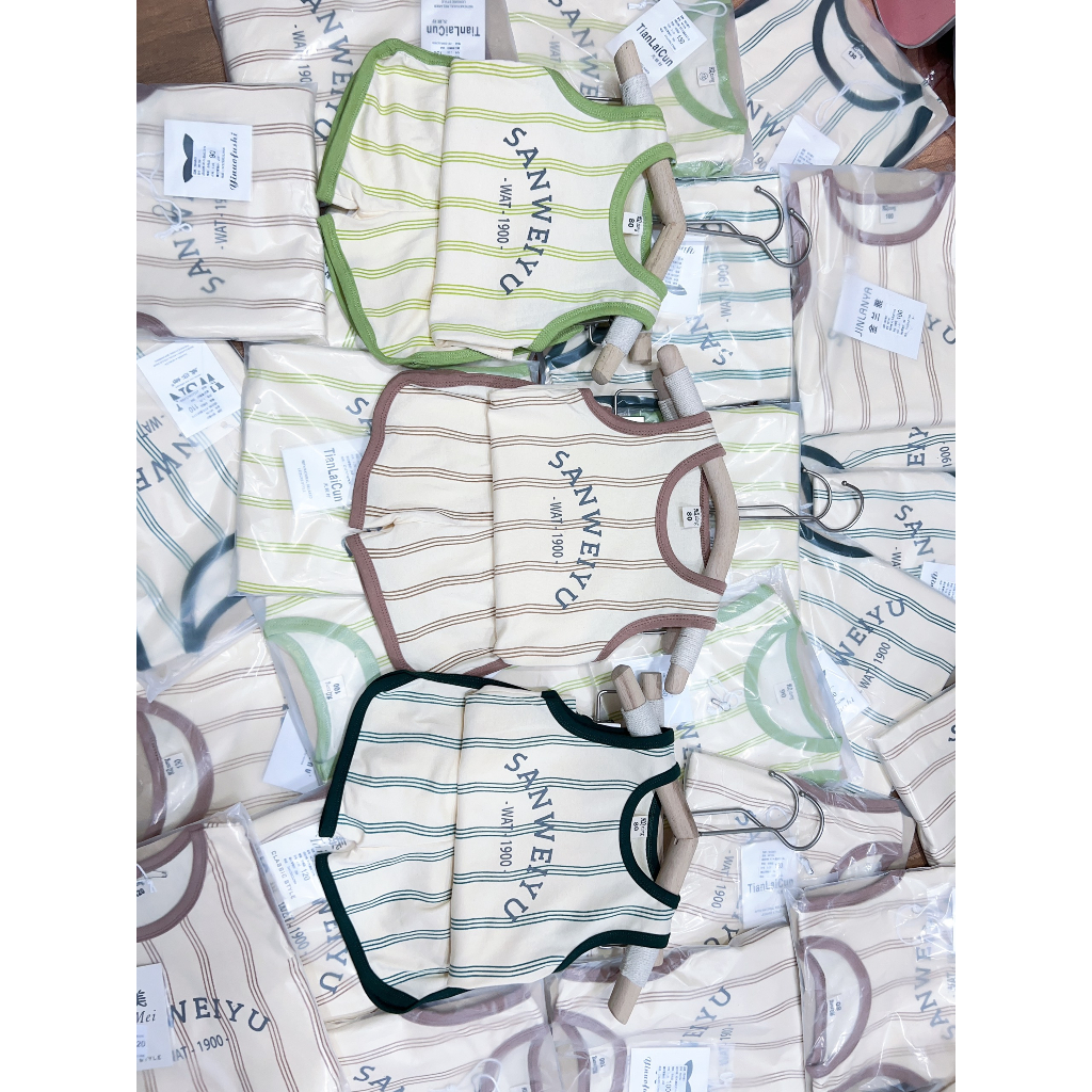 Quần áo bé trai, set bộ quần áo ba lỗ chất cotton kẻ vân chạy viền cho bé