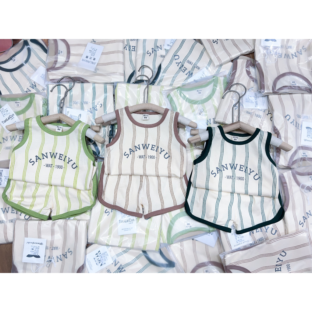 Quần áo bé trai, set bộ quần áo ba lỗ chất cotton kẻ vân chạy viền cho bé