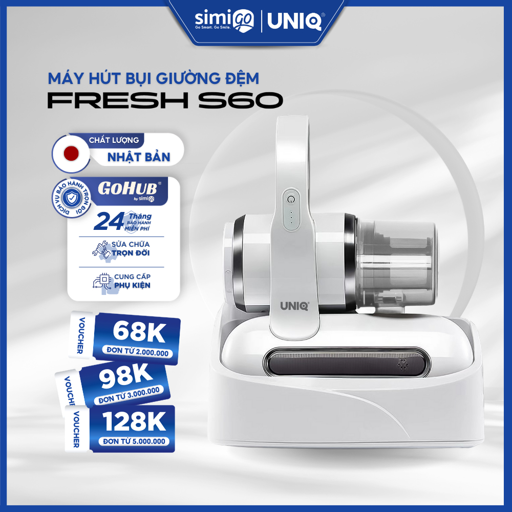 Máy hút bụi giường đệm nệm UNIQ Fresh S60 không dây cầm tay cao cấp đế sạc tự động đèn UV diệt sạch vi khuẩn ga gối lông